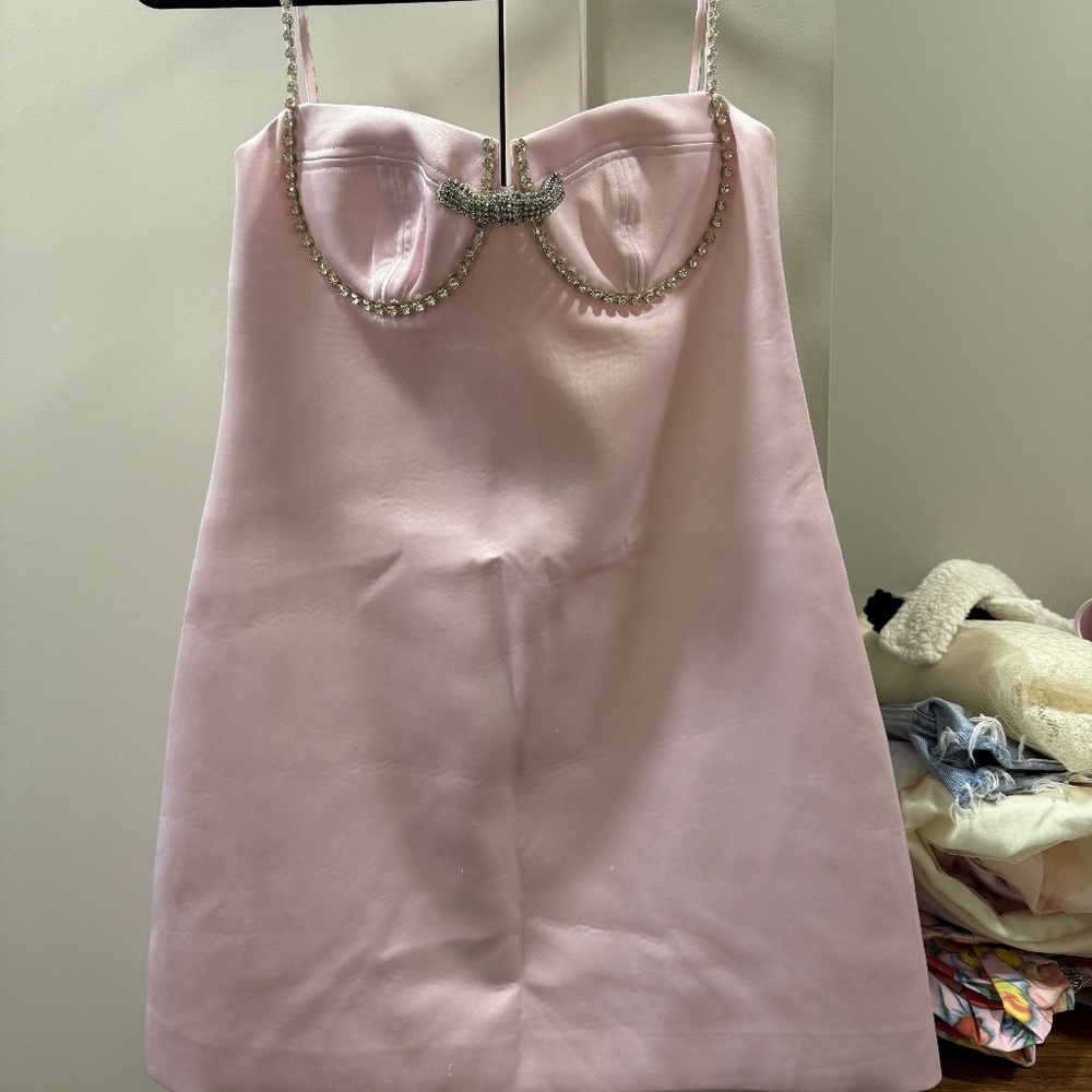 Blush Pink Satin Embellished Mini Dress—-SOLD